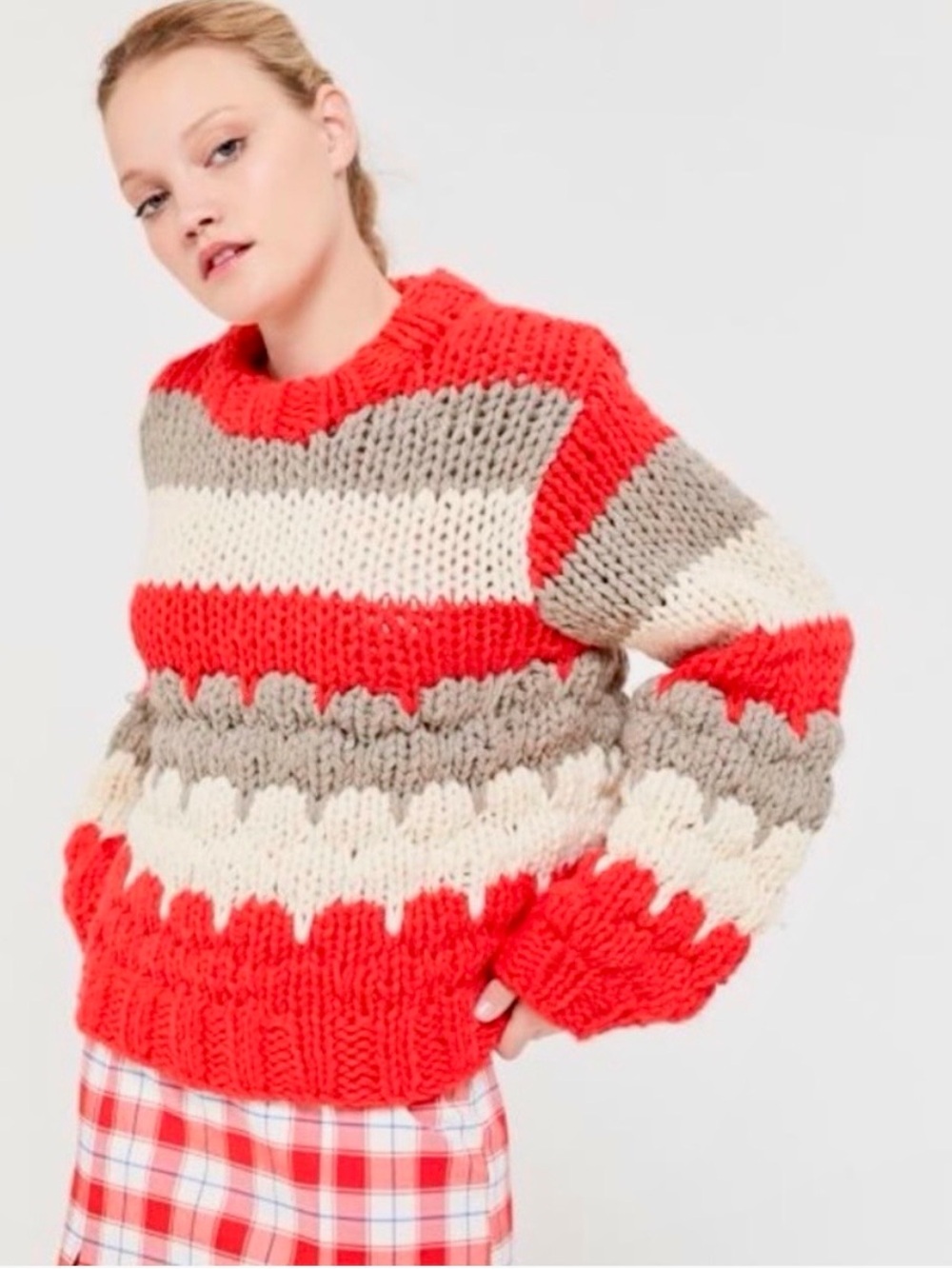 Urban Outfitters Chunky Popcorn Stitch Sweater in Red,Taupe and Cream Crew Neck